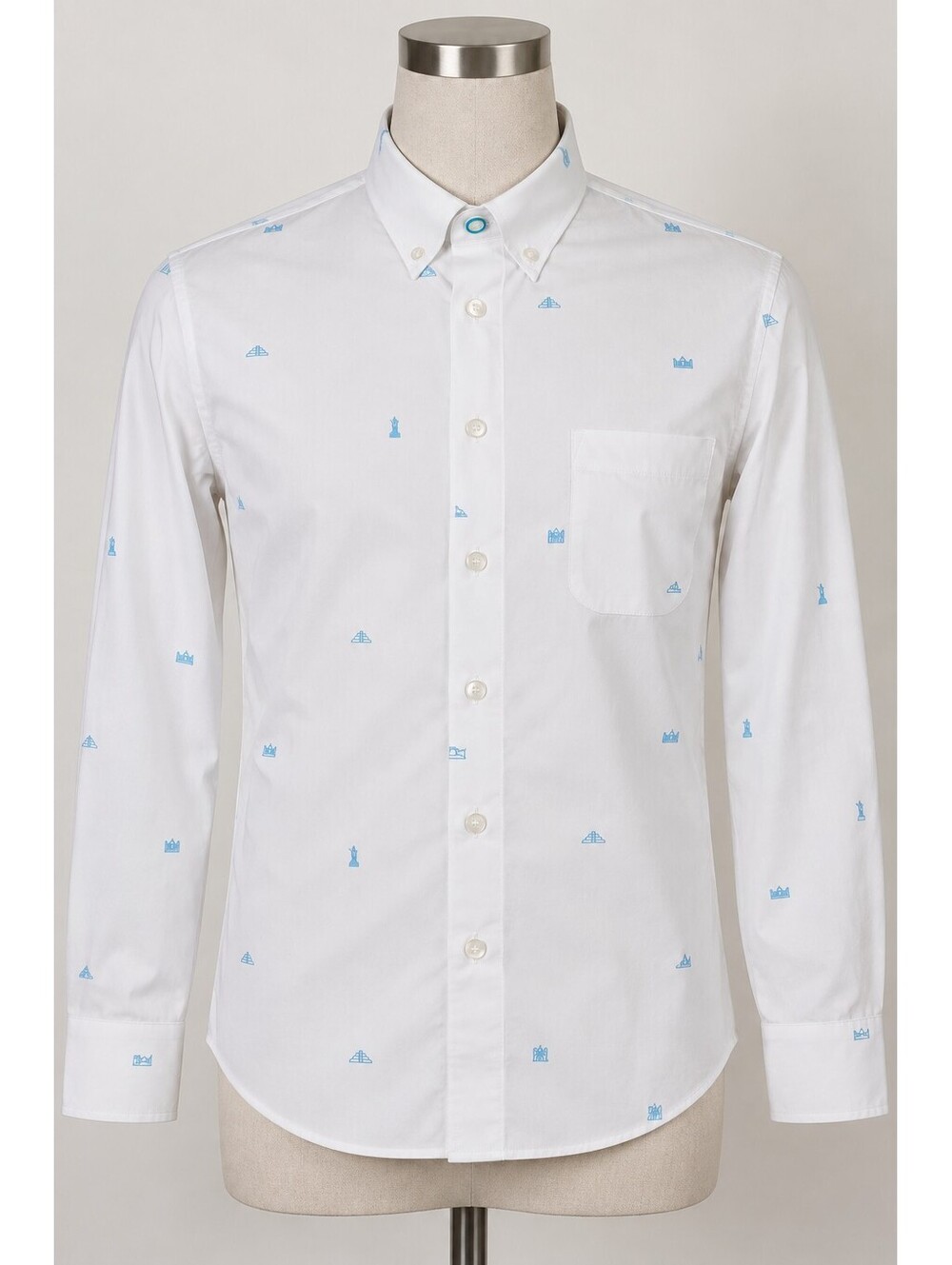 & Collar Slim Fit White Dress Shirt with Blue Patterned Med.